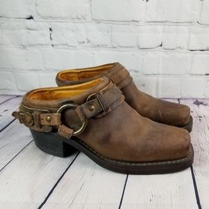Frye belted harness mule shoes